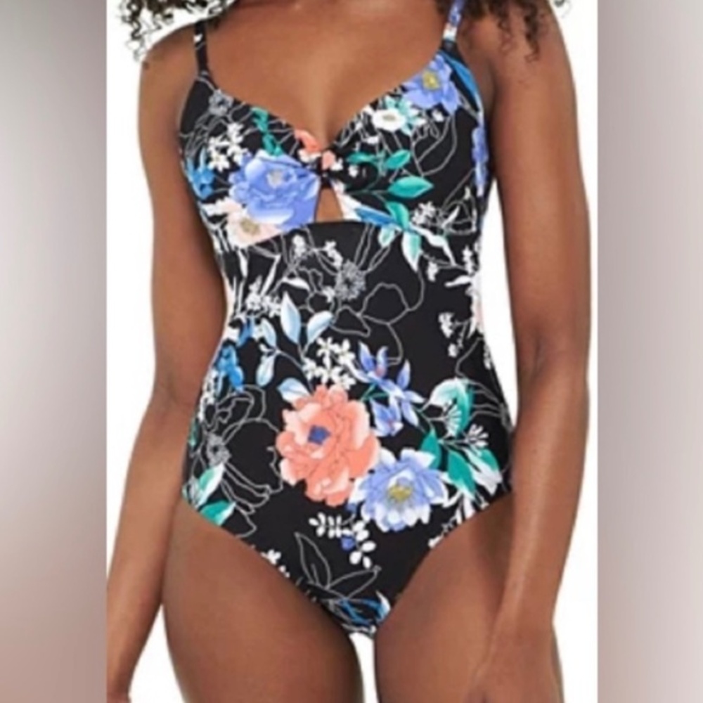 Freshwater Cut Out Plunge One Piece Floral Deep-V Tropical Black Swimsuit Size S